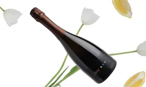 Bottiglia di spumante Trebbiano di Lugana tra tulipani bianchi e fette di limone, con un'etichetta che riporta il nome "Lugana".