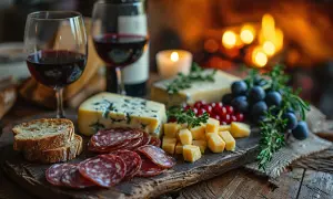 Tagliere con salumi, formaggi, uva e pane, accompagnato da due calici di vino rosso. Perfetto abbinamento barolo per una serata speciale.