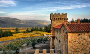 Castello in pietra con vigneti dorati sullo sfondo, un paesaggio da sogno per un famoso vino californiano.
