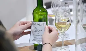 Mani che applicano un'etichetta a una bottiglia di vino bianco Saint Mont, con bicchieri pieni in primo piano. Un assaggio del **madiran**?