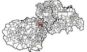Mappa del Piemonte con evidenziata l'area di Alba, cuore del vitigno barbaresco.