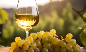 Calice di vino bianco dorato accanto a grappoli d'uva succosa, un'ode al miglior Lugana.