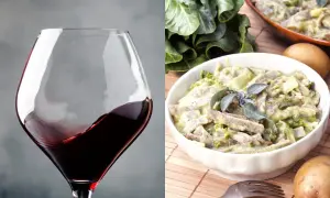 Un bicchiere di vino rosso e un piatto di pizzoccheri, un abbinamento perfetto per una cena gustosa.