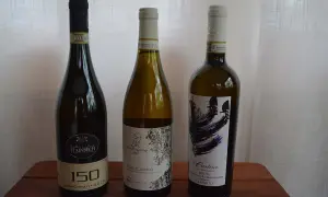 Tre bottiglie di vino bianco, tra cui un Lison Classico di Pramaggiore, su un tavolo di legno.