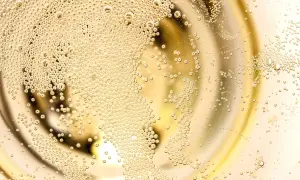 Bollicine dorate salgono in un bicchiere, evocando la freschezza di un Franciacorta Prosecco.