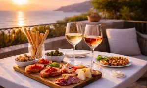 Un tavolo con stuzzichini, formaggi, salumi, olive e grissini, accompagnati da due calici di vini da aperitivo, con il tramonto sul mare sullo sfondo.