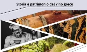 Statua di Dioniso, anfora greca, botti di vino e vigneti evocano la storia del vino limnio.