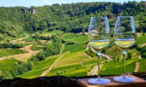 Due calici di vino bianco brillano con il paesaggio viticolo del Jura sullo sfondo.