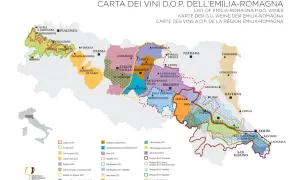 Mappa dei vini D.O.P. dell'Emilia-Romagna, un viaggio tra i sapori del vino emiliano, con aree dedicate a Lambrusco, Sangiovese e altri vitigni.