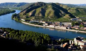 Villaggi pittoreschi lungo il Rodano, con vigneti terrazzati che salgono sui pendii verdi. Un fiume serpeggia tra i borghi, evocando l'atmosfera dei Cotes du Rhone Villages.