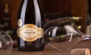 Bottiglia di spumante Gran Cuvée Particolare Brut, con calice rovesciato e tappo di sughero. Il "brut" indica la secchezza del vino.