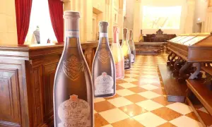 Sagome di bottiglie di vini lombardi famosi, tra cui Ca' del Frati, in un ambiente con pavimenti a scacchi e arredi in legno.