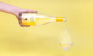 Versando vino bianco Marino Superiore, un'eccellenza tra i vini romani, in un calice su sfondo giallo.