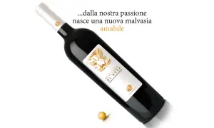 Bottiglia di Malvasia di Bosa, un vino amabile nato dalla passione. Un chicco d'uva dorato completa la scena.