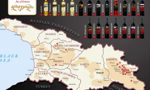 Map of Georgia with wine regions and bottles of Georgian wine.