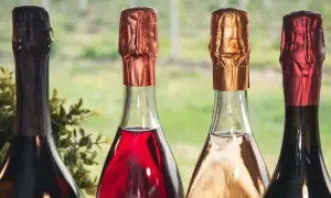 Quattro bottiglie di vini più pregiati, con tappi color rame, oro e rosso, pronte per essere degustate.
