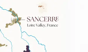 Mappa dei vini della Loira, con Sancerre evidenziata. Un calice di vino bianco simboleggia la regione.