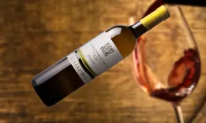 Bottiglia di Pigato Ligure Gajaudo, con un bicchiere di vino rosso in movimento sullo sfondo.