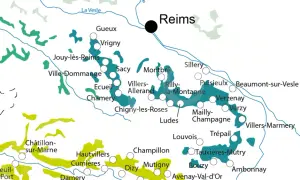 Mappa della valle della Marna, Champagne, con i villaggi vitivinicoli come Reims, Verzenay e Bouzy.
