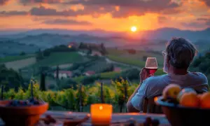 Uomo con bicchiere di vino rosso, ammira il tramonto su vigneti toscani, assaporando le migliori annate vino rosso Italia.