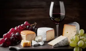 Un bicchiere di vino rosso accompagna un assortimento di formaggi e grappoli d'uva su un tagliere scuro.