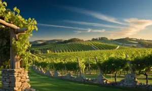 Vigneti lussureggianti sotto un cielo azzurro, con un sole dorato che illumina i filari. Il **saten significato** è qui, nella bellezza della natura e nella promessa di un buon vino.