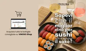 A plate of sushi and two glasses of wine are shown, with text overlay asking if sake is always the best wine for sushi.