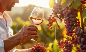 Uomo in vigneto al tramonto, con un bicchiere di vino rosato che riflette i grappoli d'uva. Un assaggio di Chianti Classico.