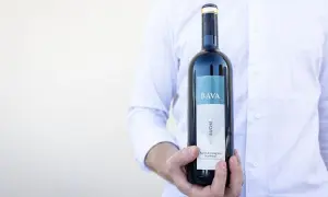 Uomo in camicia bianca tiene una bottiglia di vino Ruche di Castagnole Monferrato BAVA.