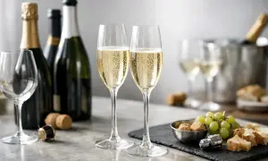 Due calici pieni di vino frizzante, bottiglie di spumante e stuzzichini, pronti per un brindisi.