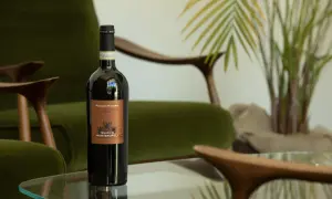Bottiglia di vino umbro famoso, Poggio Miniera, su un tavolino di vetro, con poltrone verdi e una pianta sullo sfondo.