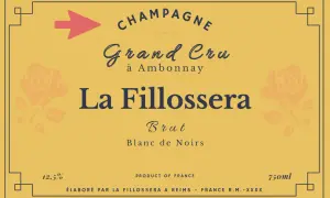 Etichetta Champagne La Fillossera Grand Cru Brut Blanc de Noirs. Scopri i diversi tipi di champagne e i loro nomi.