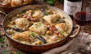 Piatto di pesce in salsa cremosa con funghi e salsiccia, accompagnato da un bicchiere di beaujolais vino.