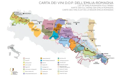 Mappa dei vini D.O.P. dell'Emilia-Romagna, un viaggio tra i sapori del vino emiliano, con aree dedicate a Lambrusco, Sangiovese e altri vitigni.