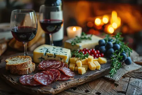 Tagliere con salumi, formaggi, uva e pane, accompagnato da due calici di vino rosso. Perfetto abbinamento barolo per una serata speciale.