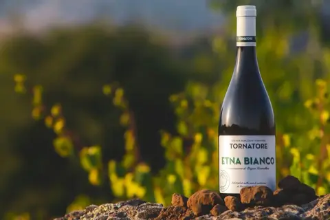 Bottiglia di Etna Bianco, uno dei pregiati vini Sicilia, su rocce vulcaniche con vigneti sullo sfondo.