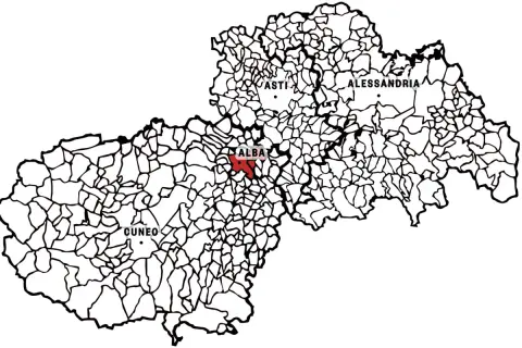Mappa del Piemonte con evidenziata l'area di Alba, cuore del vitigno barbaresco.