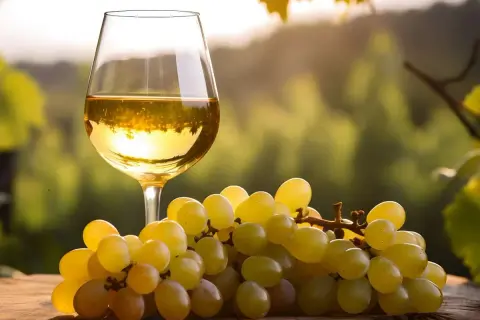 Calice di vino bianco dorato accanto a grappoli d'uva succosa, un'ode al miglior Lugana.