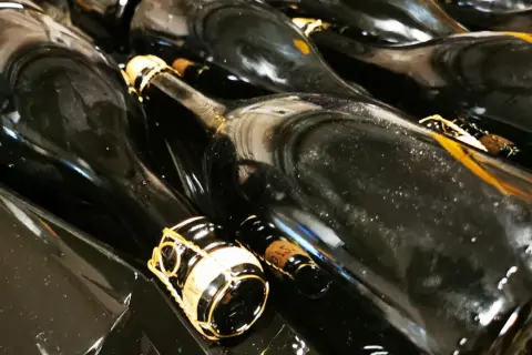 Bottiglie di vino scuro, pronte per la sboccatura. Le gabbie dorate sui tappi promettono bollicine.