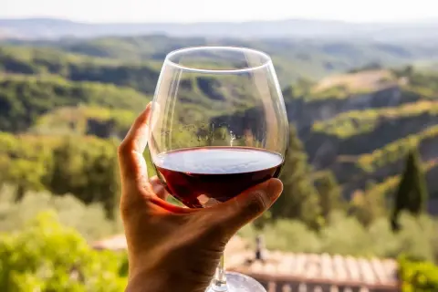 Un bicchiere di vino rosso, un Morellino di Scansano, tenuto in mano con un paesaggio collinare toscano sullo sfondo.