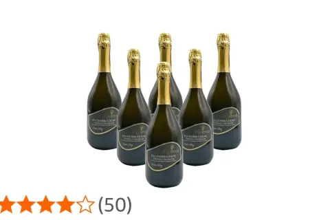 Six bottles of Prosecco with gold foil tops and "Extra Dry" labels are arranged on a white background.