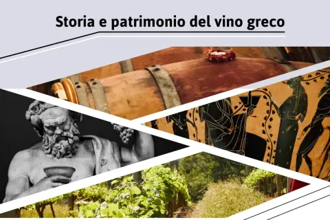 Statua di Dioniso, anfora greca, botti di vino e vigneti evocano la storia del vino limnio.