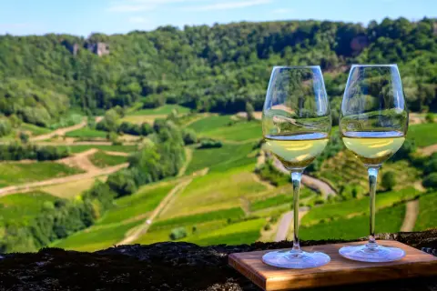 Due calici di vino bianco brillano con il paesaggio viticolo del Jura sullo sfondo.