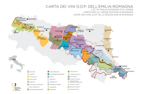 Mappa dei vini D.O.P. dell'Emilia-Romagna, un viaggio tra i sapori del vino emiliano, con aree dedicate a Lambrusco, Sangiovese e altri vitigni.