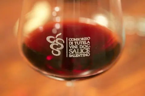 Close-up of a wine glass filled with red wine, showing the "Consorzio di Tutela Vini D.O.C. Salice Salentino" logo.