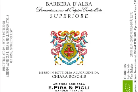 Wine label for Barbera d'Alba Superiore with a coat of arms and text.