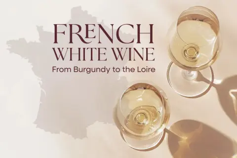Due calici di **vini bianchi francesi famosi**, con la sagoma della Francia sullo sfondo.