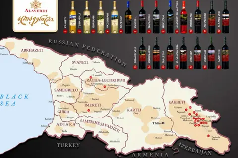 Map of Georgia with wine regions and bottles of Georgian wine.