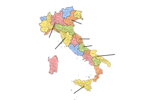 Mappa dell'Italia con regioni colorate, che evidenzia le diverse zone vinicole italiane.