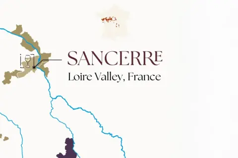 Mappa dei vini della Loira, con Sancerre evidenziata. Un calice di vino bianco simboleggia la regione.